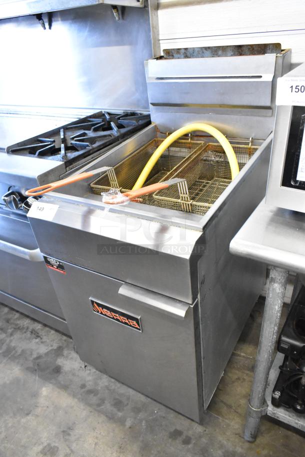 Sierra SRF-75/80-LP stainless steel commercial propane fryer, 75 lb capacity, includes 2 metal fry baskets, in good condition.