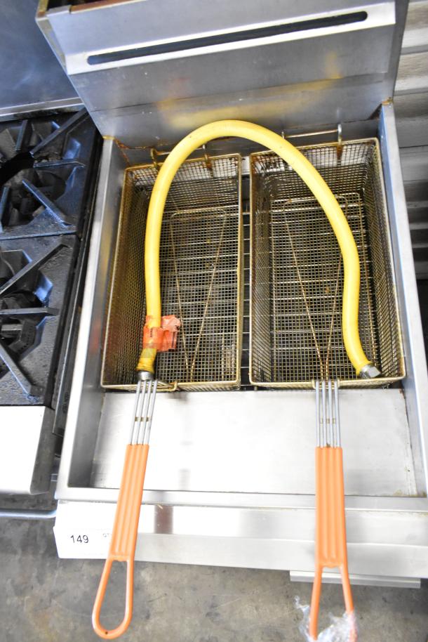 Sierra SRF-75/80-LP stainless steel commercial propane fryer with 75 lb capacity, includes 2 metal fry baskets.