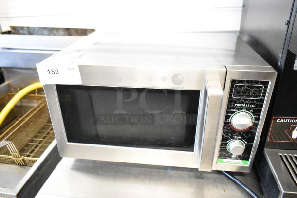 Spectrum EMW-1000SD stainless steel commercial microwave, 120 volts, 1 phase, visible controls, tag with "150 QTY 1".