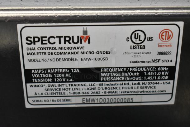 Spectrum EMW-1000SD stainless steel commercial countertop microwave, 120V, 12A, model tag showing certifications and specifications.