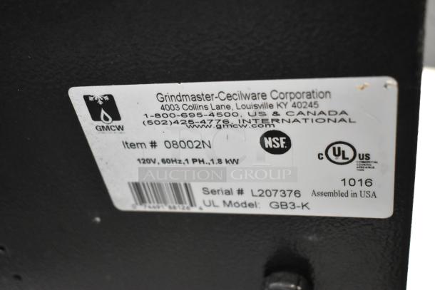 Grindmaster GB3-K commercial cappuccino machine label. Shows model, voltage, and certifications.