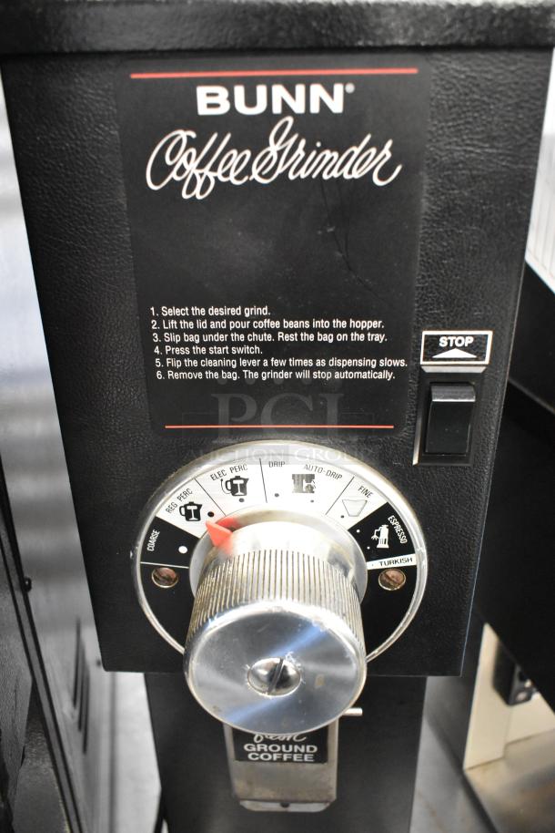 Bunn G3 BLACK commercial coffee bean grinder. Features adjustable grind settings, 120 volts, metal body.