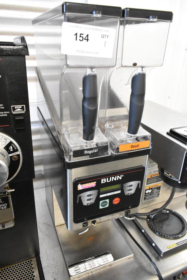 Bunn MHG Stainless Steel 2 Hopper Coffee Bean Grinder, 120V, 1 Phase. Features labeled hoppers for regular and decaf.