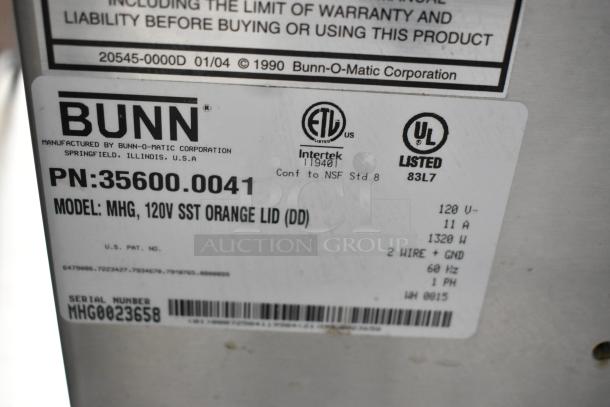 Bunn MHG stainless steel 2 hopper coffee grinder; 120V, 1-phase. Label showing model and certifications.
