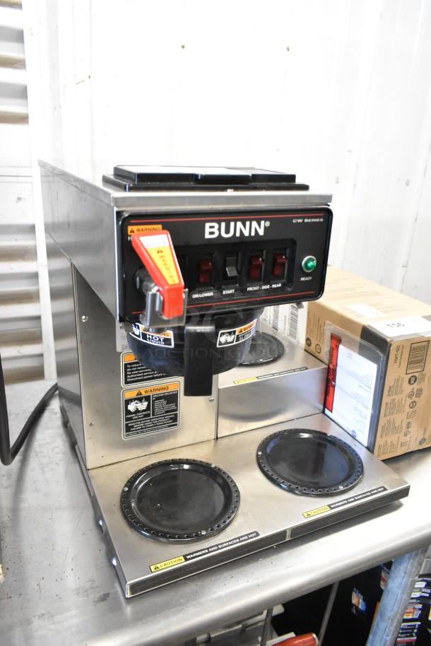 Bunn CWTF35 stainless steel commercial coffee machine, 3 burners, hot water dispenser, 120/240V, 1 phase, excellent condition.