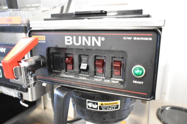 Bunn CWTF35 stainless steel coffee machine, 3 burners, hot water dispenser, control panel visible, 120/240V, 1 phase.