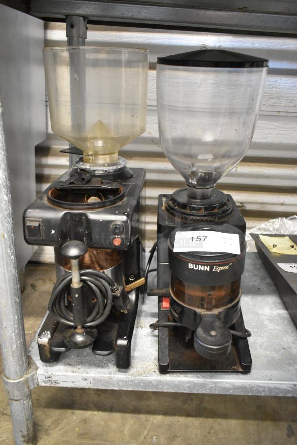 2 metal commercial countertop espresso bean grinders, models Bunn ES-1G and Bregani. Used condition, 115 volts, 1 phase.
