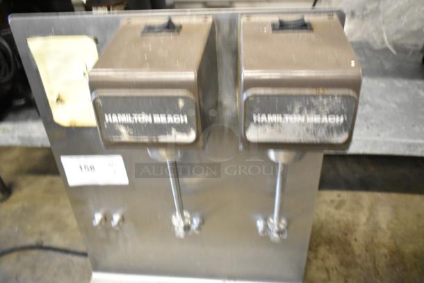 Hamilton Beach 950 commercial drink mixer, metal, 2 heads present, missing left head, 115 volts, visible wear.