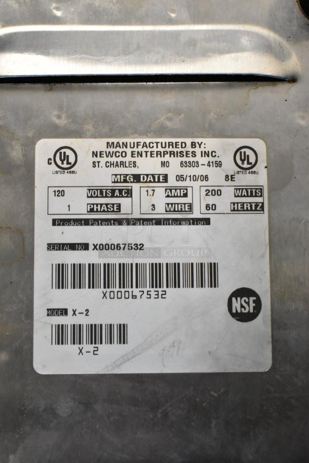 Newco X-2 Coffee Pot Warmer label showing 120V, 1 Phase, 1.7 AMP, 200 Watts, manufactured on 05/10/06, NSF certified.