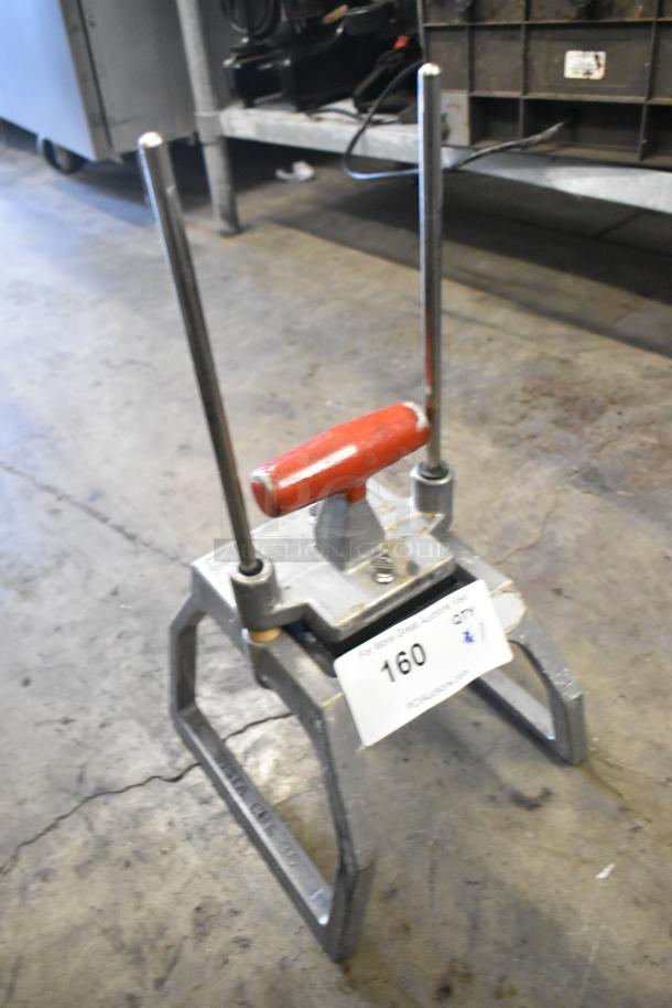 Redco Metal Countertop Vegetable Cutter, sturdy metal frame, red handle, lot number 160 tag attached, used condition.