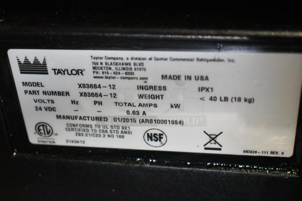 Taylor X83684-12 metal commercial countertop frozen drink mixing station, Model X83684-12, 24 VDC, manufactured 01/2015.