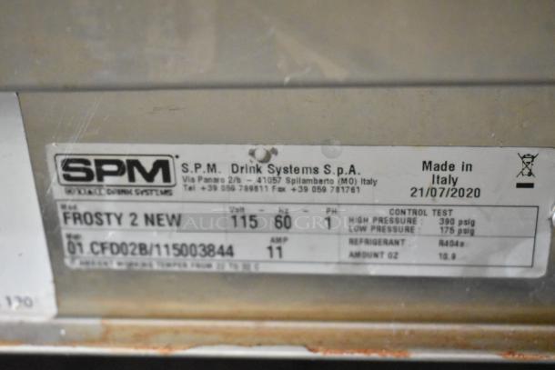 2020 SPM Frosty 2 New slushie machine tag, 115 volts, 1 phase, made in Italy, model and serial number displayed.