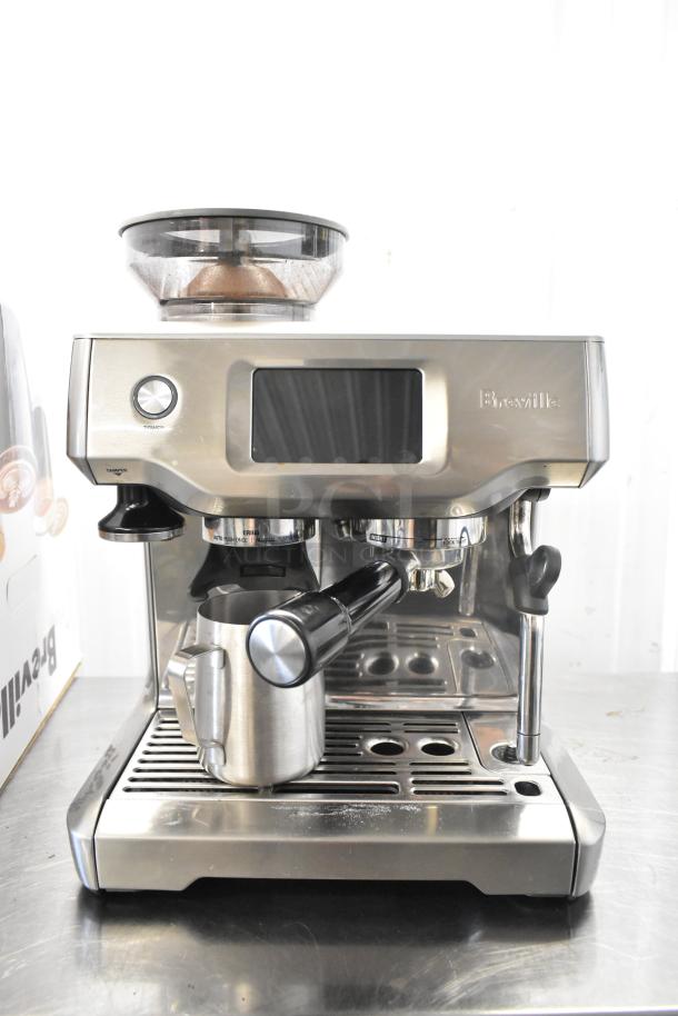 Breville metal countertop single group espresso machine with bean hopper and portafilter, like-new condition.
