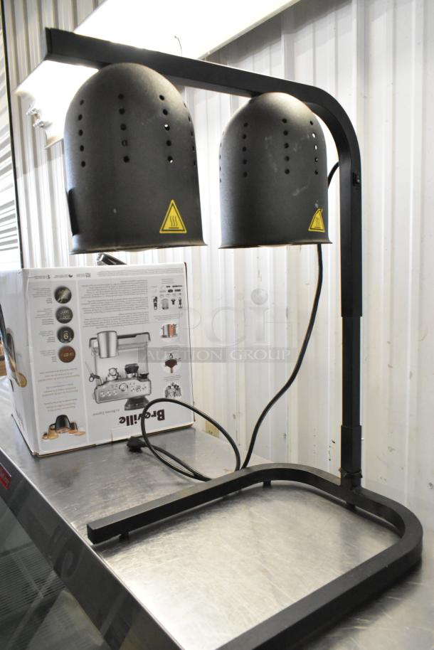 2020 KX0045 Metal Commercial Countertop 2 Head Heat Lamp, black finish, 120V, 1 Phase; warning labels visible.
