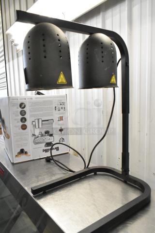 2020 KX0045 Metal Commercial Countertop 2 Head Heat Lamp, black finish, 120V, 1 Phase; warning labels visible.