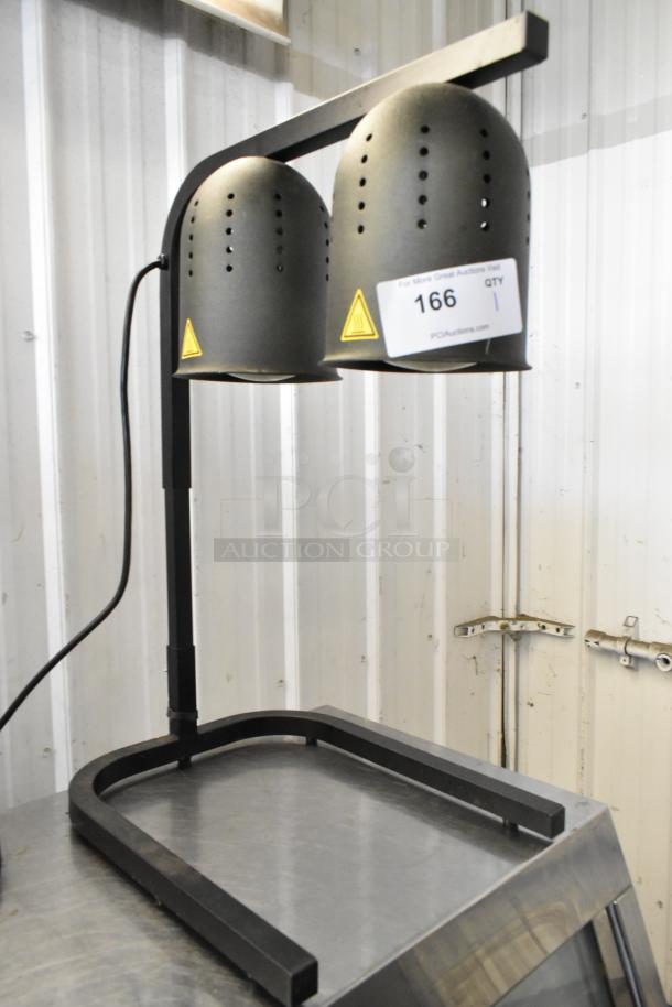 2020 KX0045 Metal Commercial Countertop 2 Head Heat Lamp on metal surface. Features warning labels. Model KX0045, 120V, 1 Phase.
