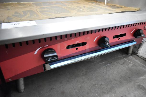 2024 Avantco 177CAG36MG stainless steel commercial flat top griddle, natural gas powered, with control knobs and pilot indicator.