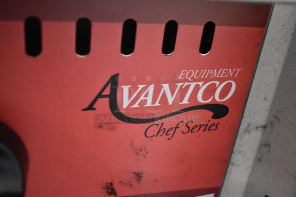 Avantco 177CAG36MG Chef Series label on stainless steel commercial natural gas griddle.