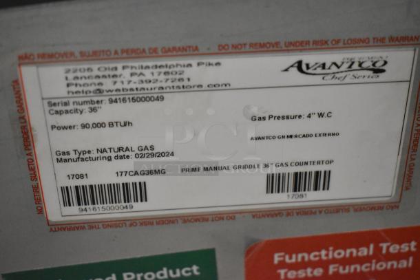 2024 Avantco 177CAG36MG stainless steel 36" countertop natural gas griddle label, 90,000 BTU/h, serial 941615000049.