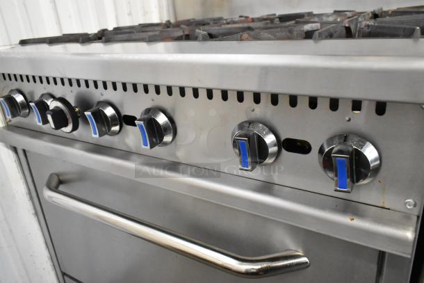 2024 Hangzhou stainless steel commercial gas range with 6 burners, oven, over shelf, backsplash, on commercial casters.