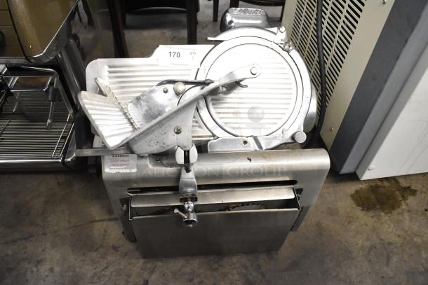 Globe 715 metal commercial countertop meat slicer with blade sharpener, 115 volts, 1 phase, shows some wear.