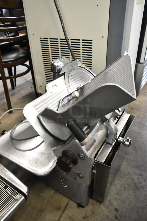 Globe 715 metal countertop meat slicer with blade sharpener, 115 volts, 1 phase. Features heavy-duty handle and adjustment knobs.