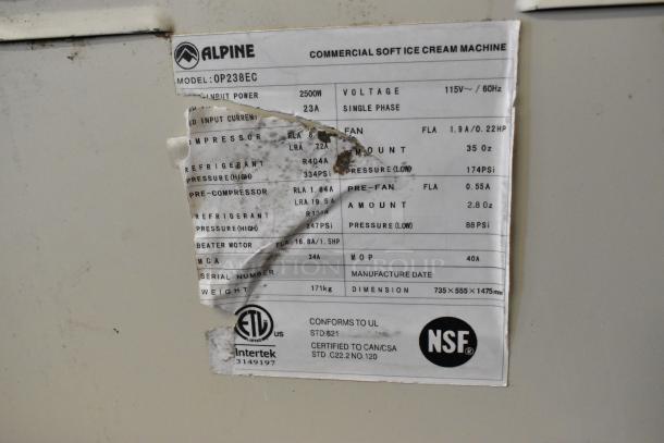 Alpine OP238EC commercial soft serve ice cream machine label. Model OP238EC, 115V, 1-phase, NSF certified.