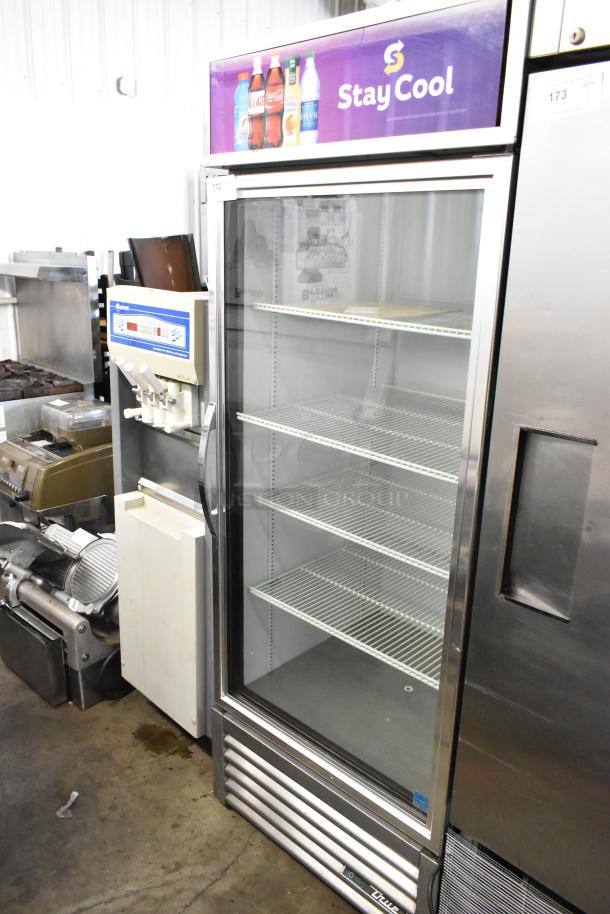 2018 True GDM-26-HC commercial cooler, single glass door, poly-coated racks, 115V, 1 phase, "Stay Cool" signage.