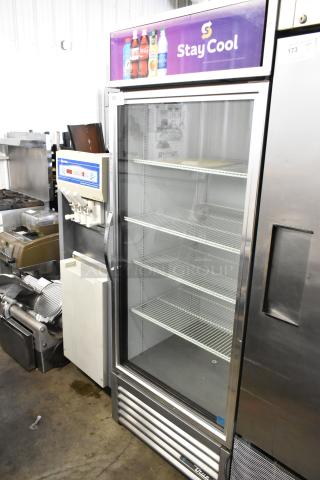 2018 True GDM-26-HC commercial cooler, single glass door, poly-coated racks, 115V, 1 phase, "Stay Cool" signage.