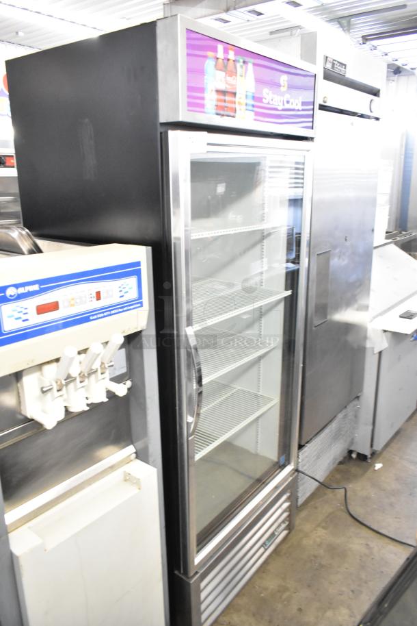 2018 True GDM-26-HC single door reach-in cooler, metal body, glass door, poly coated racks, 115V, 1 phase.