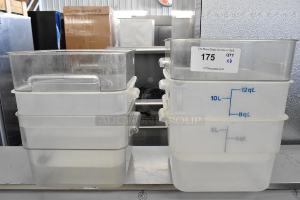 Lot of 6 Cambro poly bins, clear plastic, marked with liter/quart measurements, varying sizes, used condition.