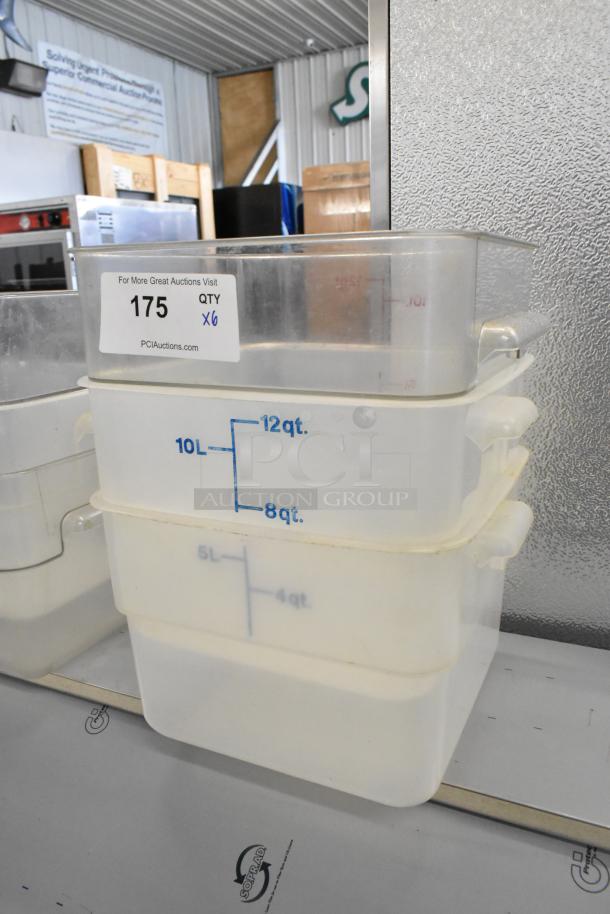 Lot of 6 poly bins with volume markings; 4, 8, 10, 12 qt/liters. Label: Auction ID 175, qty x6. Condition: used.