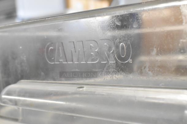 Lot of 6 Cambro poly bins, clear plastic, embossed logo, used condition.
