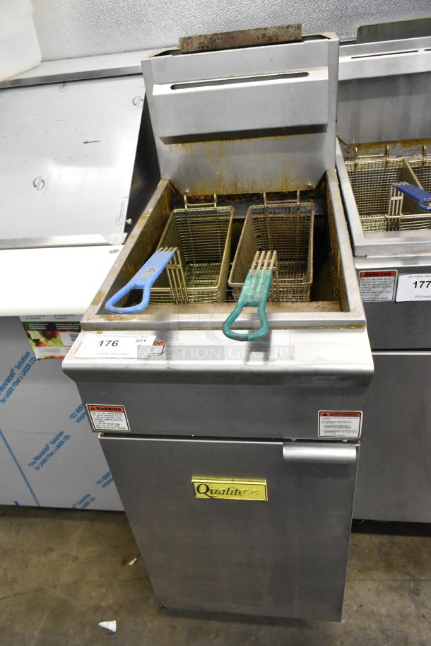 Qualite QL-9/NG stainless steel gas fryer, 90,000 BTU, with 2 metal baskets; natural gas powered, floor model.