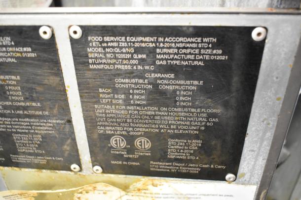 Qualite QL-9/NG stainless steel commercial deep fat fryer tag. 90,000 BTU, natural gas, two metal fry baskets.