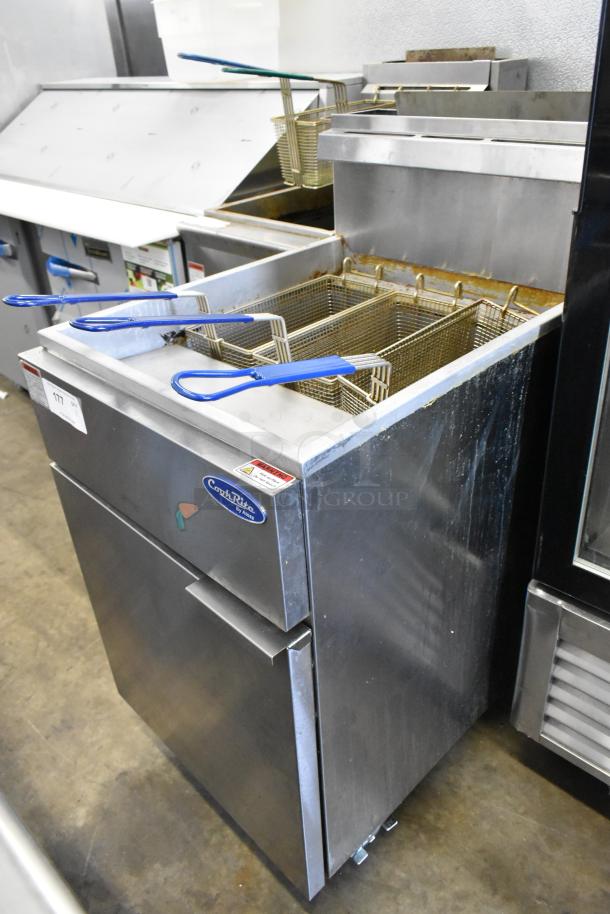 Cook Rite ATFS-75 stainless steel commercial deep fryer with 3 metal baskets, natural gas, 170,000 BTU, on casters.