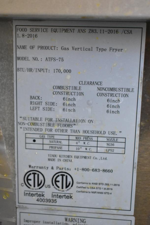 Cook Rite ATFS-75 stainless steel natural gas fryer label, 170,000 BTU, ETL certified, suitable for non-combustible floors.