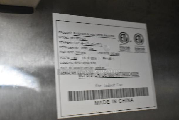 2019 Atosa MCF8570GR stainless steel freezer label showing model, voltage, and specifications; made in China.