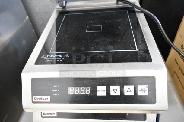 Centaur InductionRange stainless steel single burner induction range, 120V, countertop model, digital display, warning label visible.