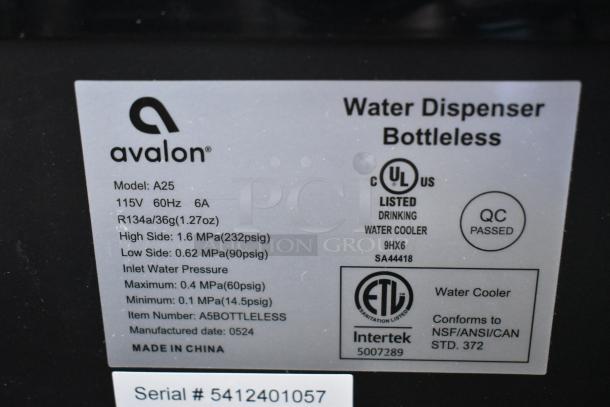 Avalon A25 Stainless Steel Water Dispenser label showing model details, voltage, certifications, and manufacturing info.