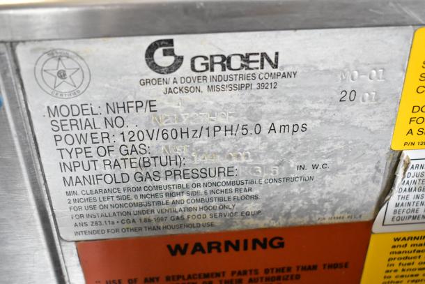 Groen NHFP/E stainless steel commercial braising pan label, showing model, power 120V, natural gas type, 144,000 BTU.