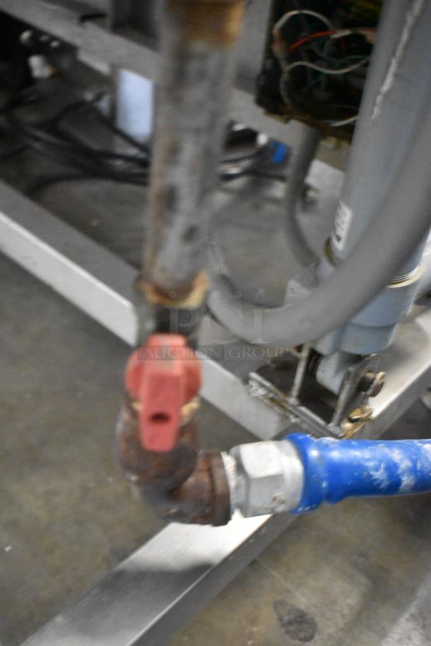Groen NHFP/E stainless steel braising pan gas connection, red valve, blue hose, used, 144,000 BTU.