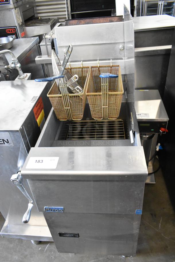 2017 Pitco Frialator SG14 stainless steel commercial deep fryer with 2 metal fry baskets and side splash guard. 110,000 BTU.