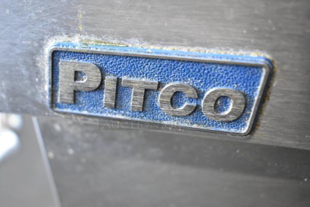 2017 Pitco Frialator SG14 stainless steel commercial deep fryer logo on surface, showing brand label.