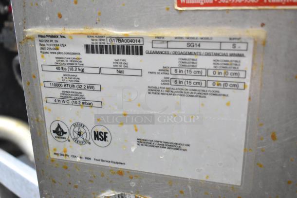 2017 Pitco Frialator SG14 deep fryer label. 110,000 BTU, 40 lbs capacity, NSF certified, natural gas.