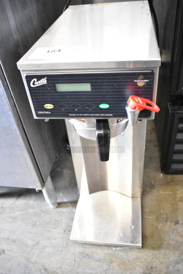 Curtis D500GT12A000 stainless steel commercial countertop coffee machine with hot water dispenser, metal brew basket, 120V, 1 phase.