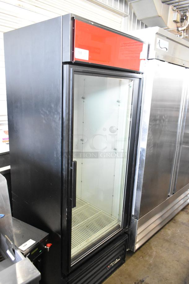 True GDM-26 metal single door cooler merchandiser, poly coated racks, 115V, 1 Phase, good condition, model tag visible.