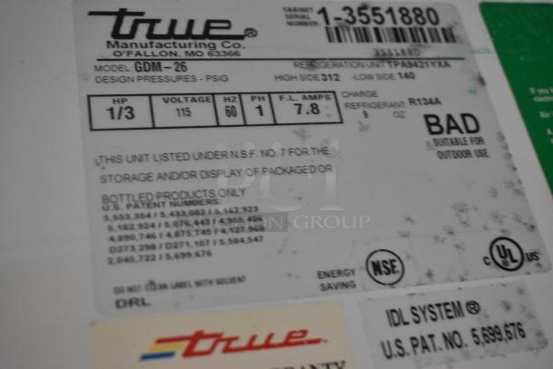 True GDM-26 commercial cooler label, 115 volts, 1 phase, suitable for outdoor use, refrigerant R134A, poly coated racks.