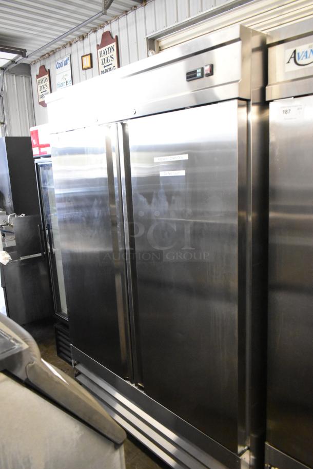 Avantco 178SS2FHC stainless steel 2-door reach-in freezer with poly-coated racks, on commercial casters. 115 volts, 1 phase.