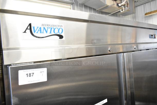 Avantco 178SS2FHC stainless steel 2-door commercial freezer with poly-coated racks, on commercial casters. 115 Volts, 1 Phase.
